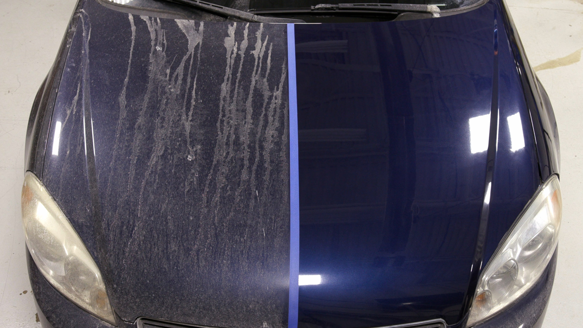 Vehicle hood before and after detailing